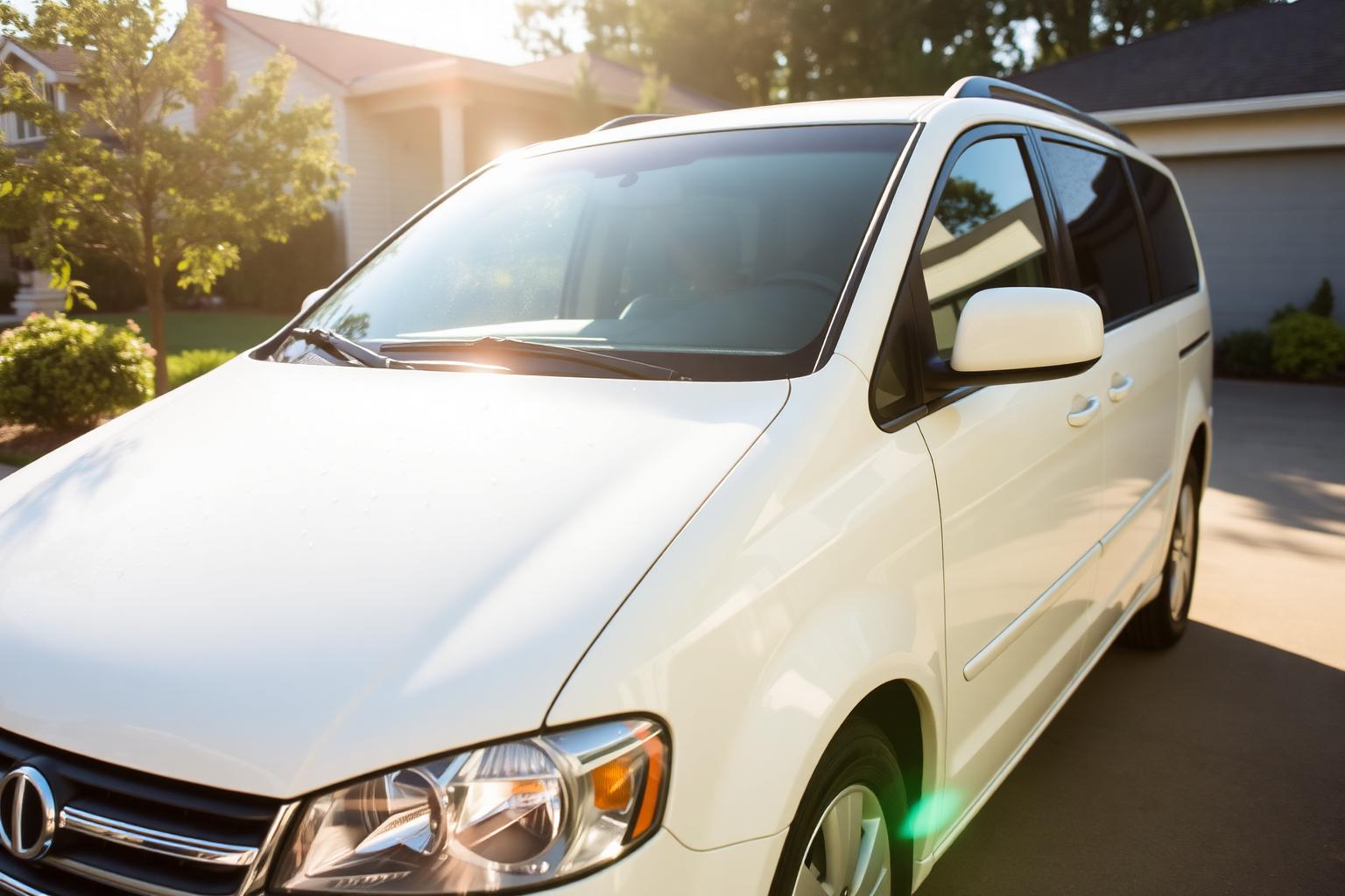 A freshly detailed white minivan parked in a sunny driveway